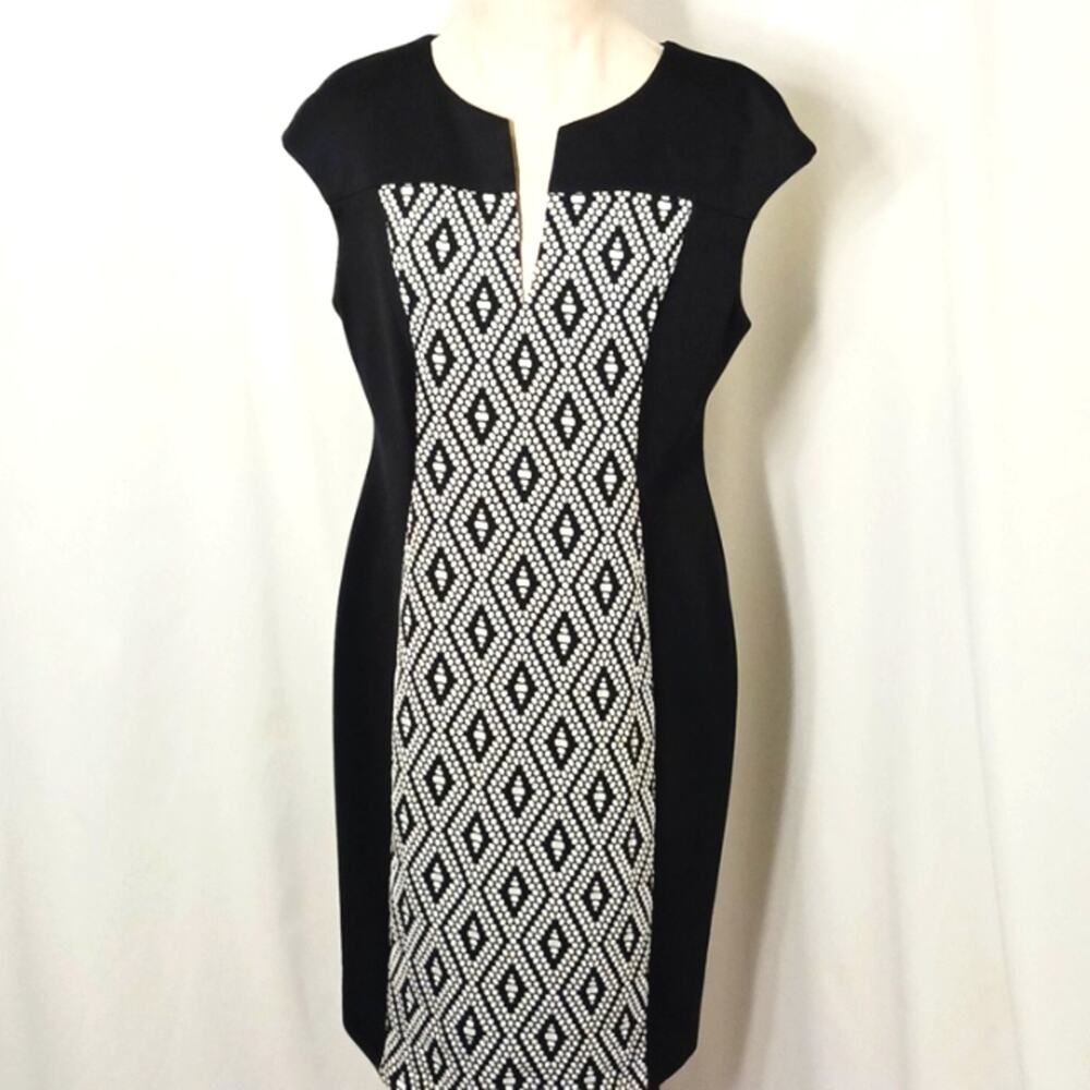 Connected Apparel Career Sheath Dress Sz 14 Black Gray Geo Paisely Workwear Bew